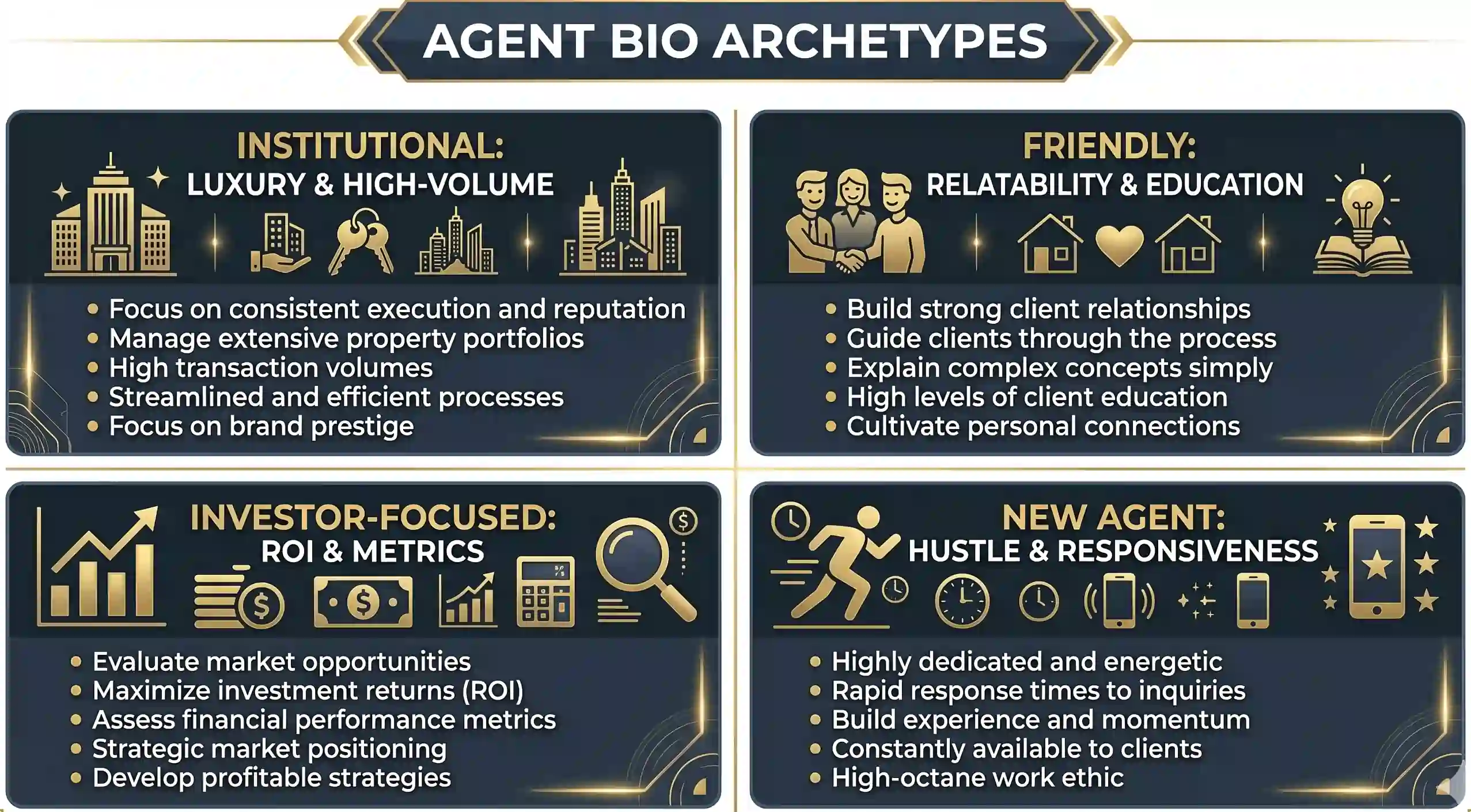 Infographic detailing the four real estate bio archetypes: Institutional, Friendly, Investor-Focused, and New Agent