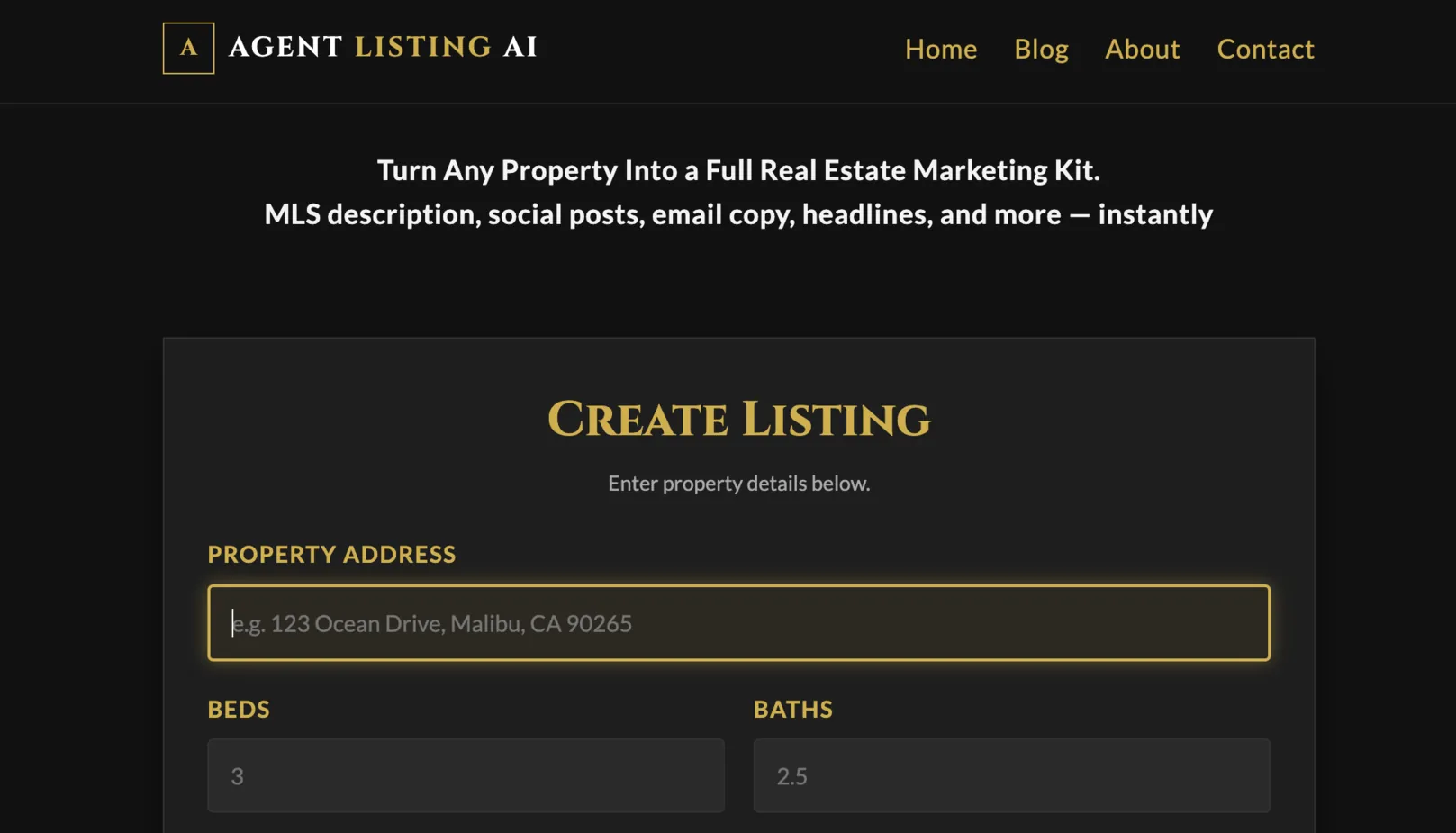 Agent Listing AI interface generating an institutional property description