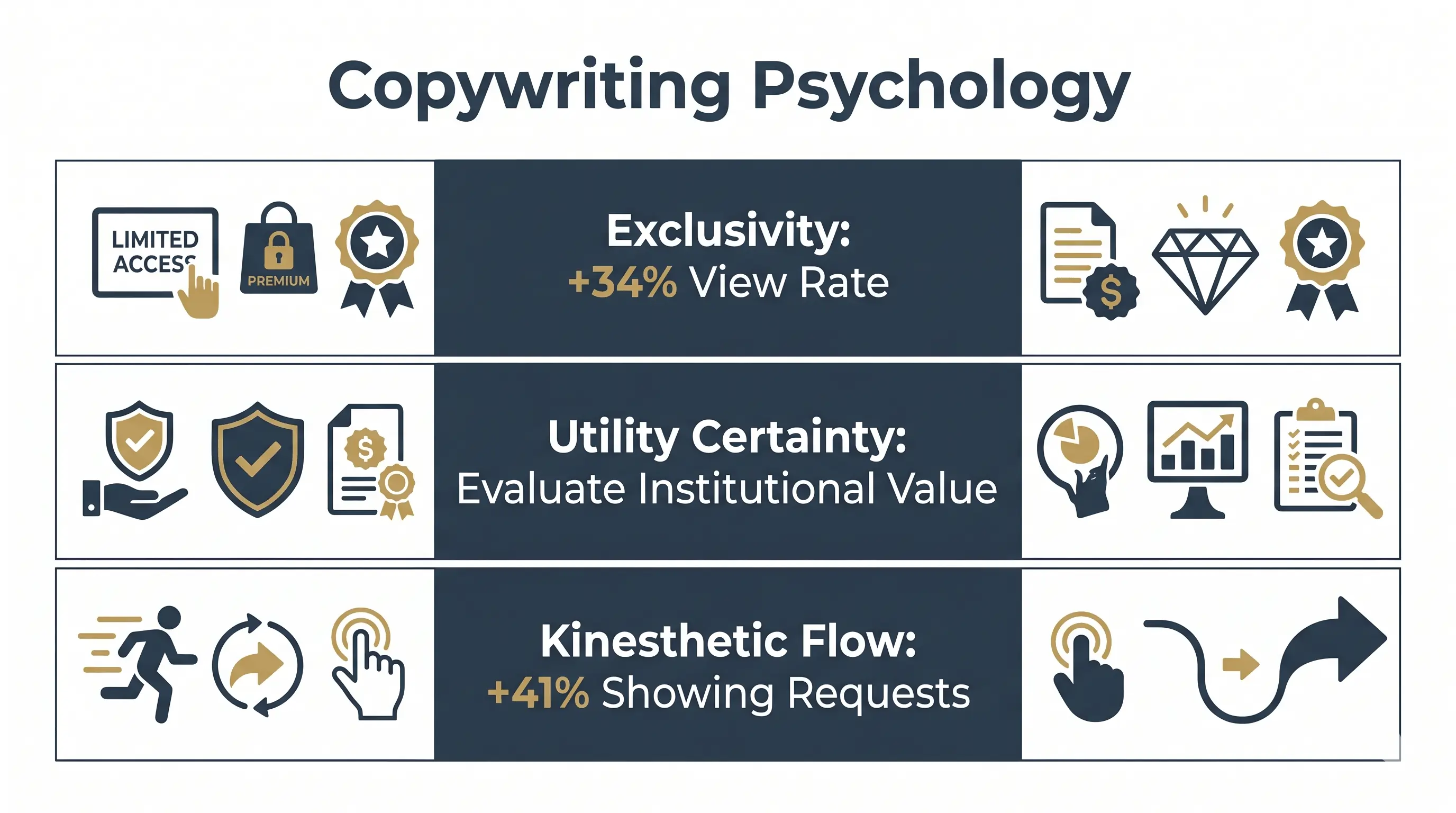 Real estate copywriting psychology matrix showing exclusivity, utility certainty, and kinesthetic flow