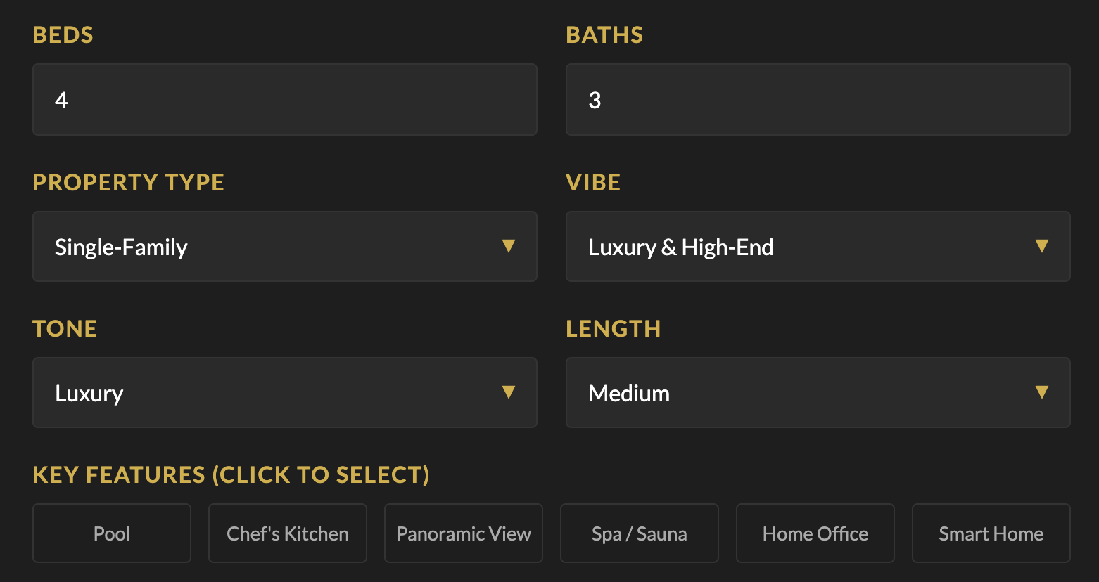 Structured real estate AI input interface