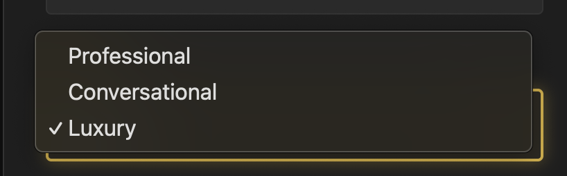 Interface screenshot of the Agent Listing AI platform displaying options for listing tone selection including Institutional and Luxury
